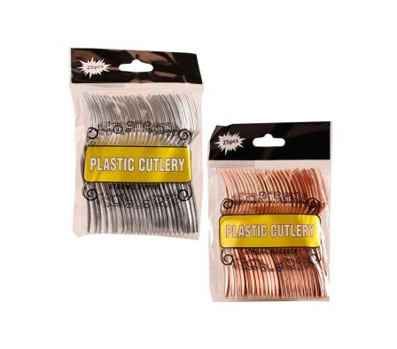 TENEDOR COLORES DORADO/PLATEADO PLASTICO 25PCS/BAG