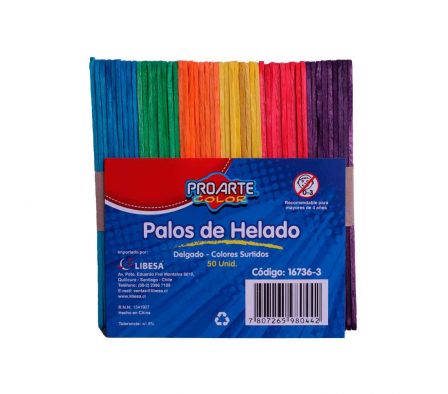 PALITOS DE HELADO DELGADOS DE COLORES 50 UN
