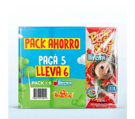PACK DE JUGO PUROSOL MANZANA PAGUE 5 LLEVE 6 200ML