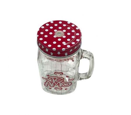 VASO MASON C/PAJITA TE AMO 13X7CM VIDRIO REF 66254
